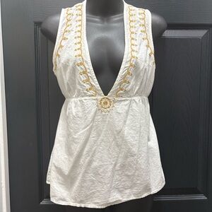 New York & Company White Tank Top with Gold Embroidery